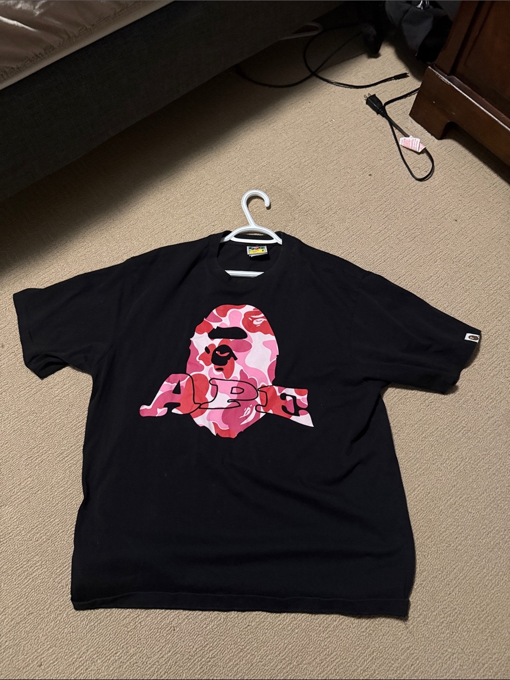 Bape Black Tee with Pink Camo Logo Block